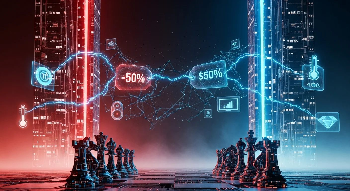 Sala de reuniões corporativa com gráficos de competição em IA, logo do Google em destaque e visualização de guerra de preços com setas descendentes