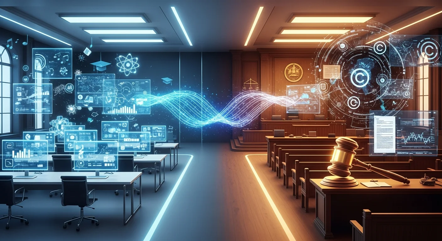 Imagem conceitual dividida mostrando sala de aula com IA à esquerda e tribunal com martelo judicial à direita, representando os dois lados do impacto da IA generativa