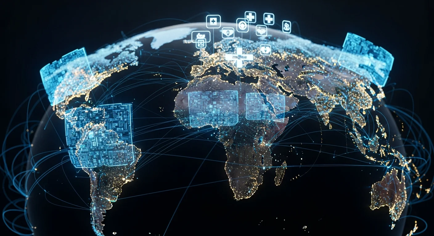 Mapa mundial digital mostrando conexões de rede neural de IA entre Europa, Rússia, China e Brasil com símbolos militares e hospitalares