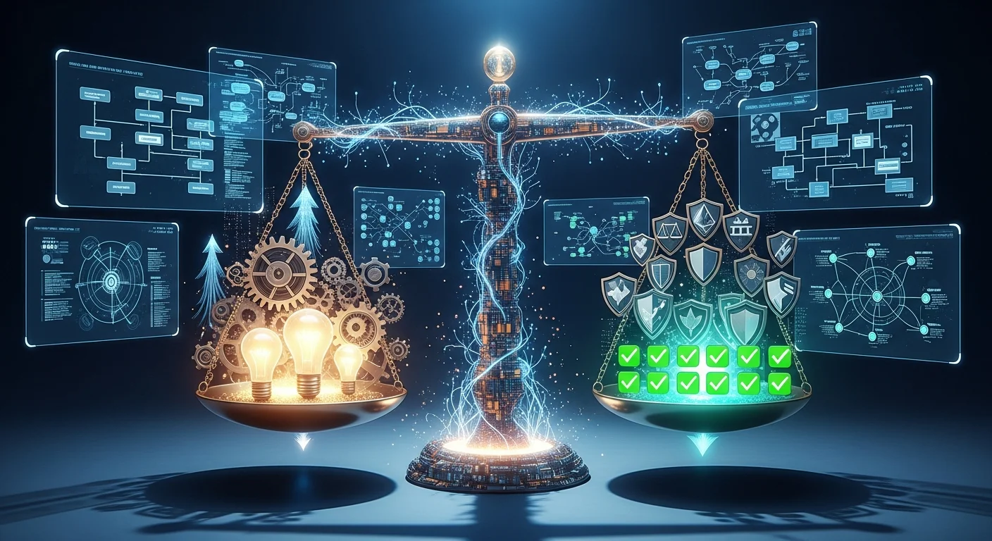 Sala de reunião executiva com profissionais discutindo ética em IA, telas digitais mostrando fluxogramas de algoritmos e balança simbolizando inovação versus responsabilidade