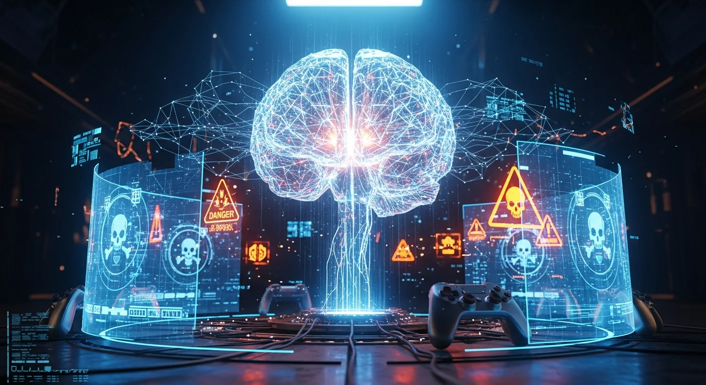Representação conceitual de um cérebro digital futurista cercado por elementos de games, símbolos de segurança e alertas, ilustrando a corrida pela AGI