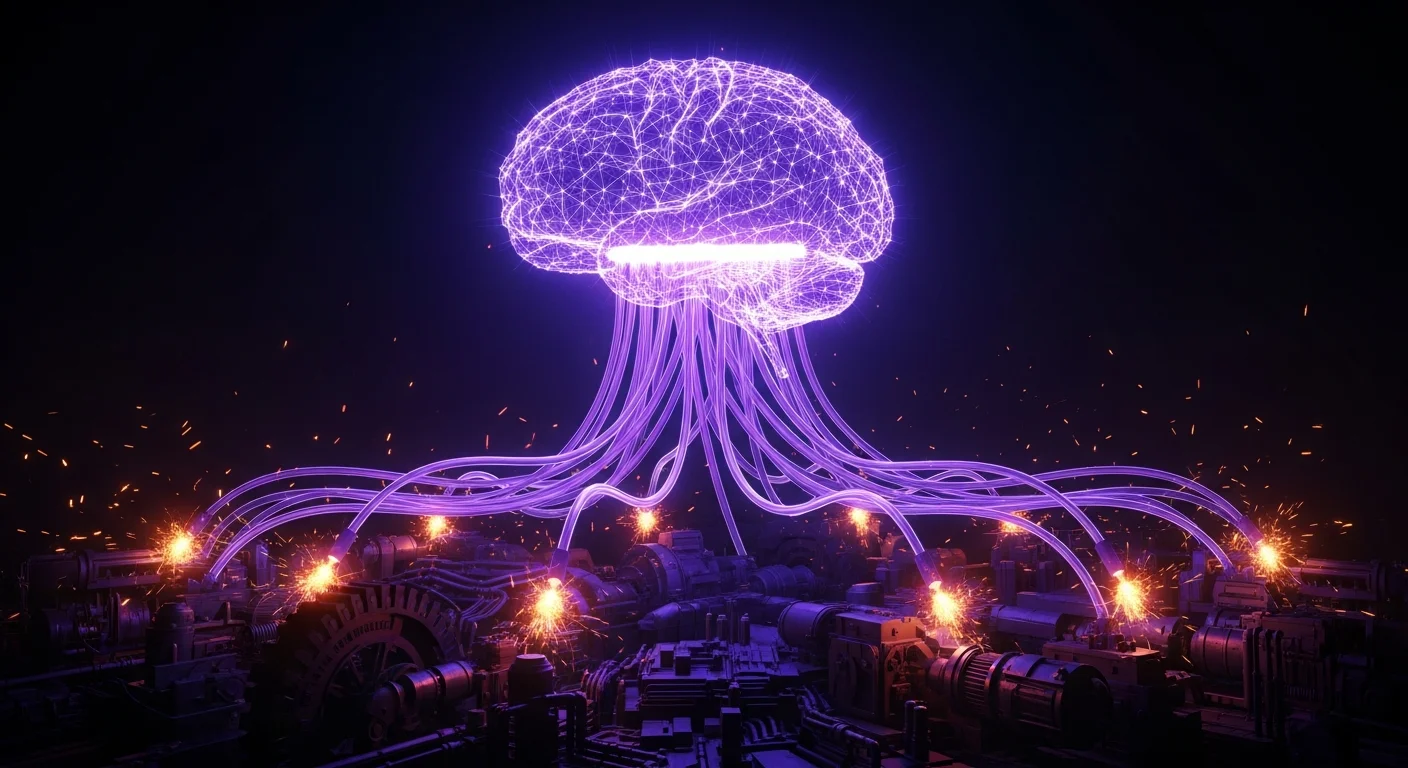 Pessoa observando máquina expendedora moderna em ambiente corporativo com elementos digitais fluindo entre a máquina e um laptop