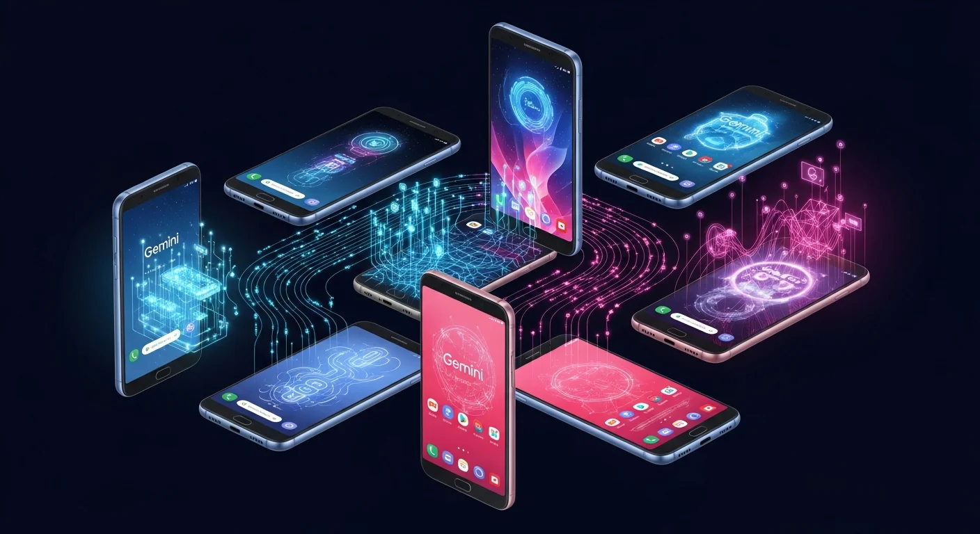 Dispositivos Samsung Galaxy com interface do assistente Gemini integrado, representando a estratégia de expansão da IA do Google no ecossistema Android