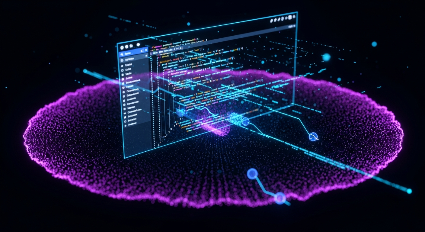 Interface futurística do Google Antigravity mostrando ambiente de programação conceitual com códigos flutuantes e gestos intuitivos