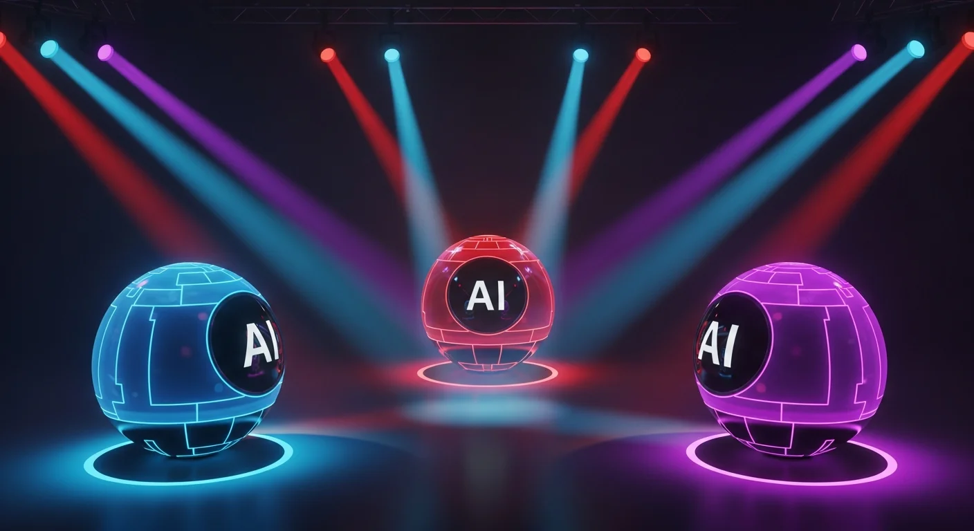 Sala de reunião corporativa moderna com pessoas trabalhando em laptops e elementos de interface de IA holográficos flutuando sobre os dispositivos, representando a integração da inteligência artificial no ambiente de trabalho