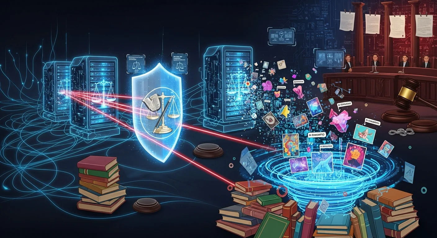 Ilustração conceitual mostrando livros sendo processados por servidores de IA com elementos legais, representando a batalha judicial por direitos autorais