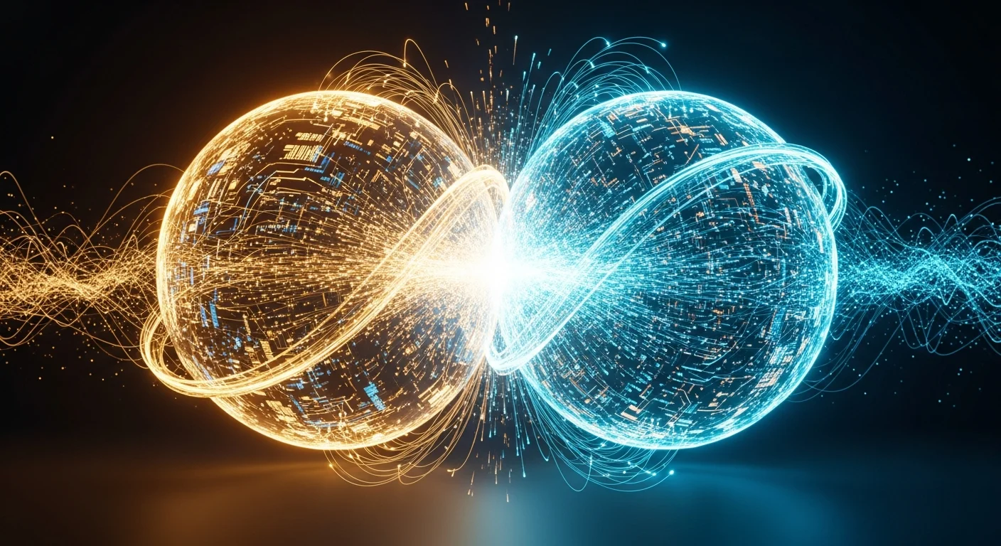 Representação visual de fusão tecnológica entre duas esferas digitais conectadas por fluxos de dados luminosos, simbolizando o acordo entre Nvidia e Groq