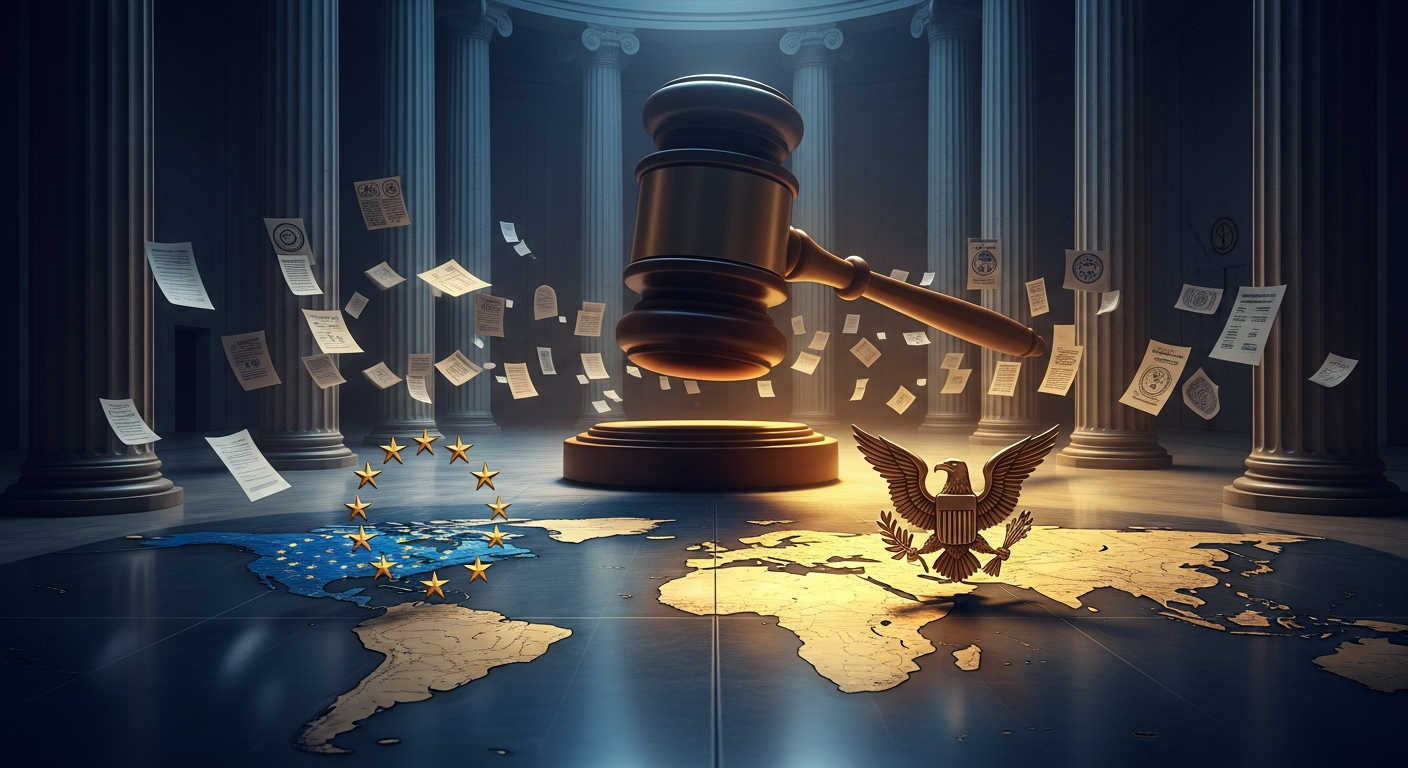 Confronto simbólico entre regulação europeia e americana de IA com bandeiras, balança da justiça digital e elementos jurídicos tecnológicos