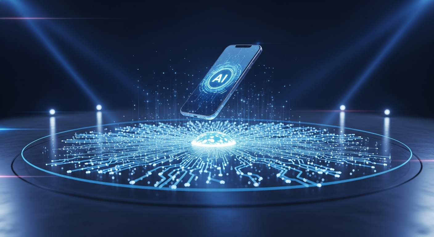 Representação visual da competição entre Apple Intelligence e concorrentes Samsung e Google em formato de tabuleiro de xadrez tecnológico