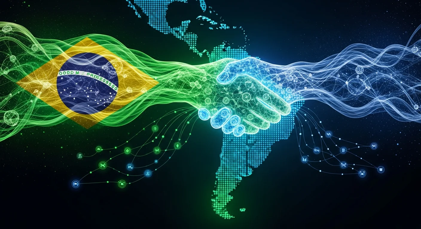 Representação visual da consolidação brasileira em IA com elementos nacionais, redes neurais e simbolismo de fusão empresarial