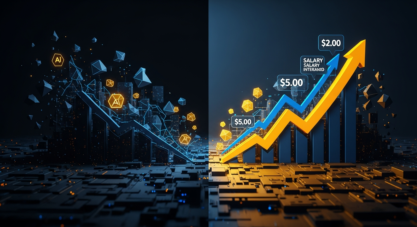 Escritório dividido mostrando contraste entre automação substituindo trabalhadores e profissionais colaborando com IA