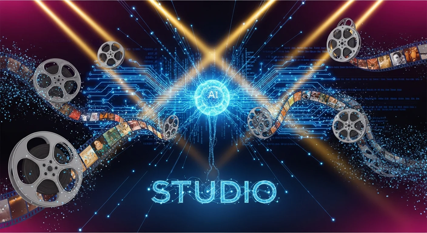 Estúdio de cinema de Hollywood se fundindo com cérebro digital de IA, simbolizando a transformação da indústria do entretenimento