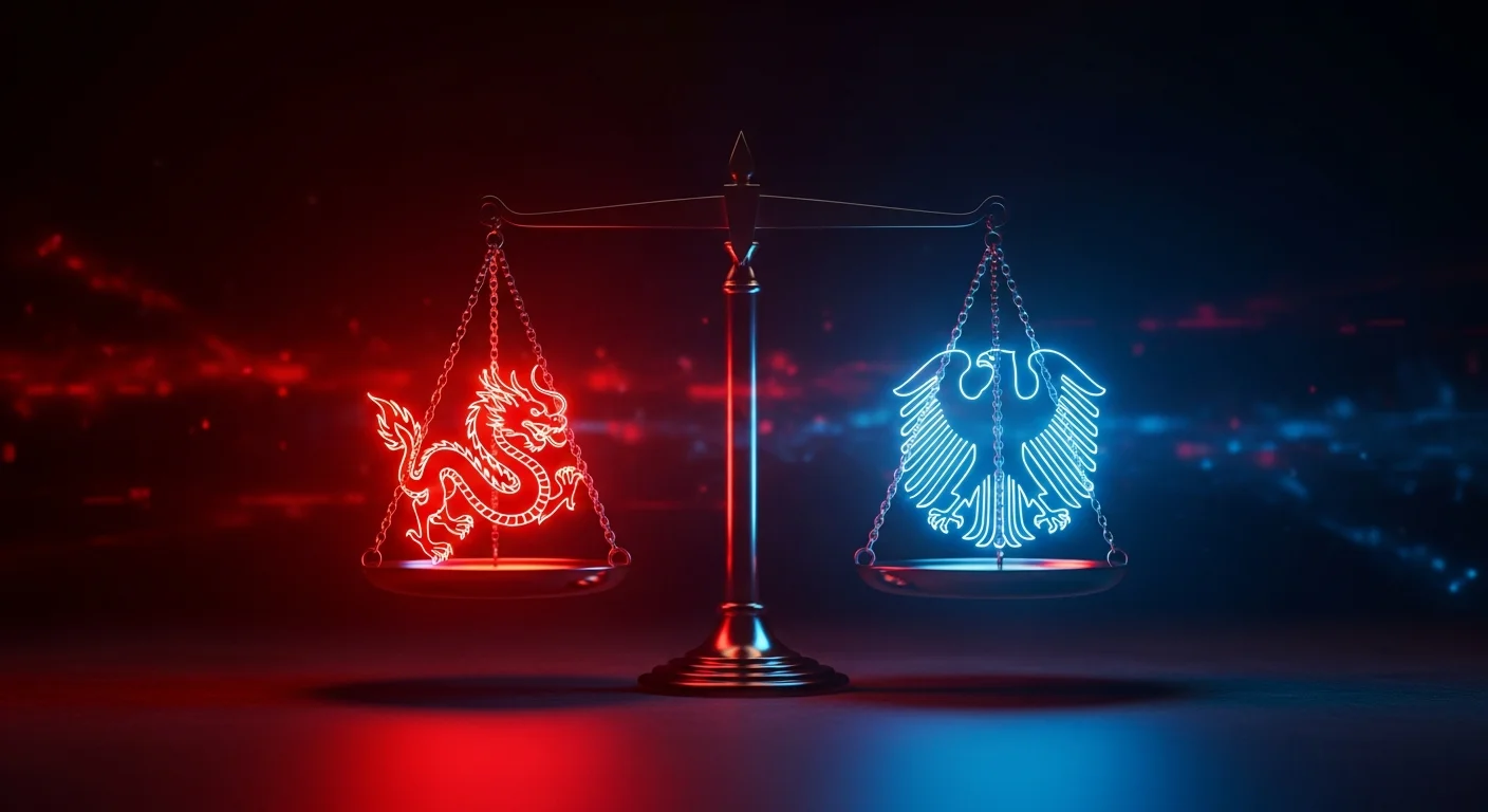 Balança digital com símbolos do dragão chinês e águia europeia representando abordagens regulatórias opostas para IA