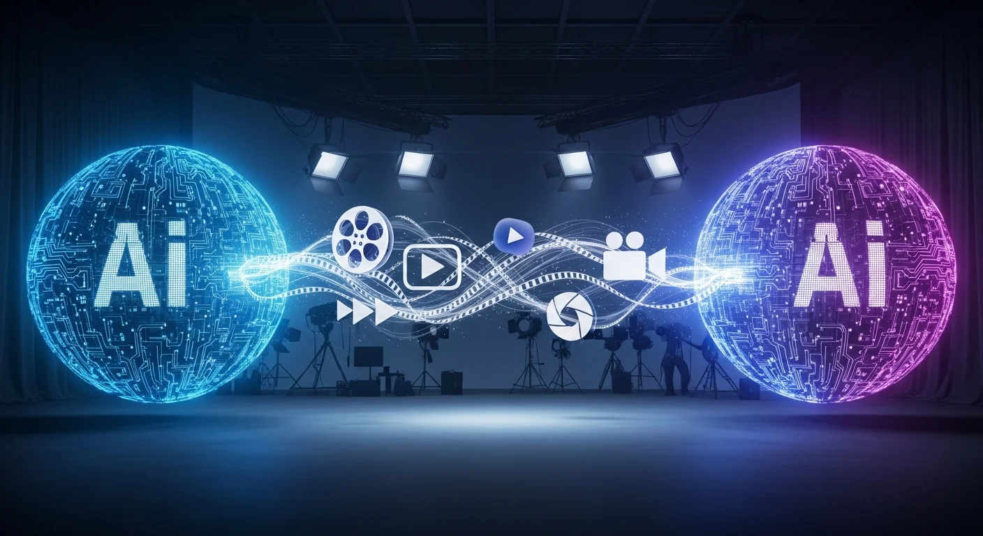 Duas esferas de IA representando OpenAI e Google em confronto tecnológico com símbolos de geração de vídeo fluindo entre elas