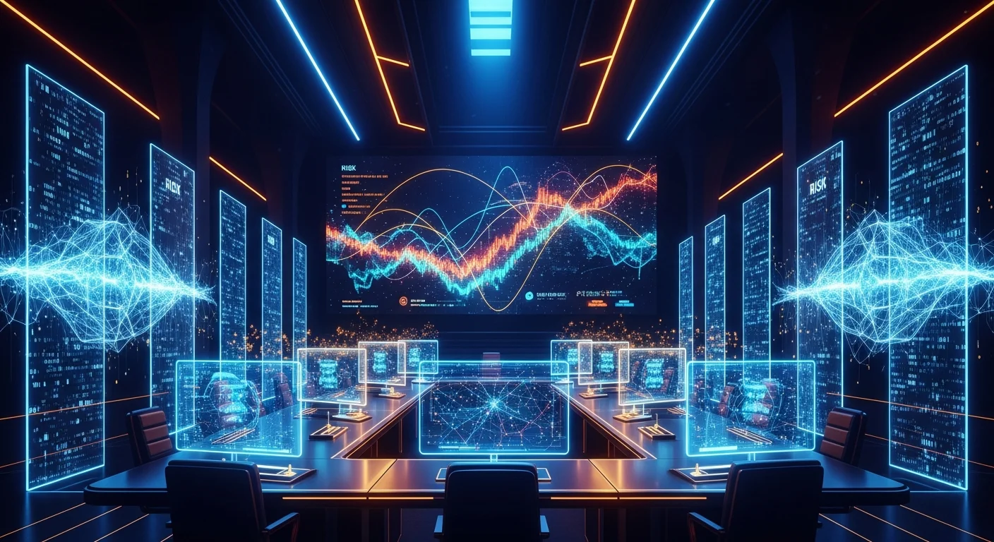 Sala corporativa com escudos de segurança de IA brilhantes e gráficos de avaliação de riscos digitais