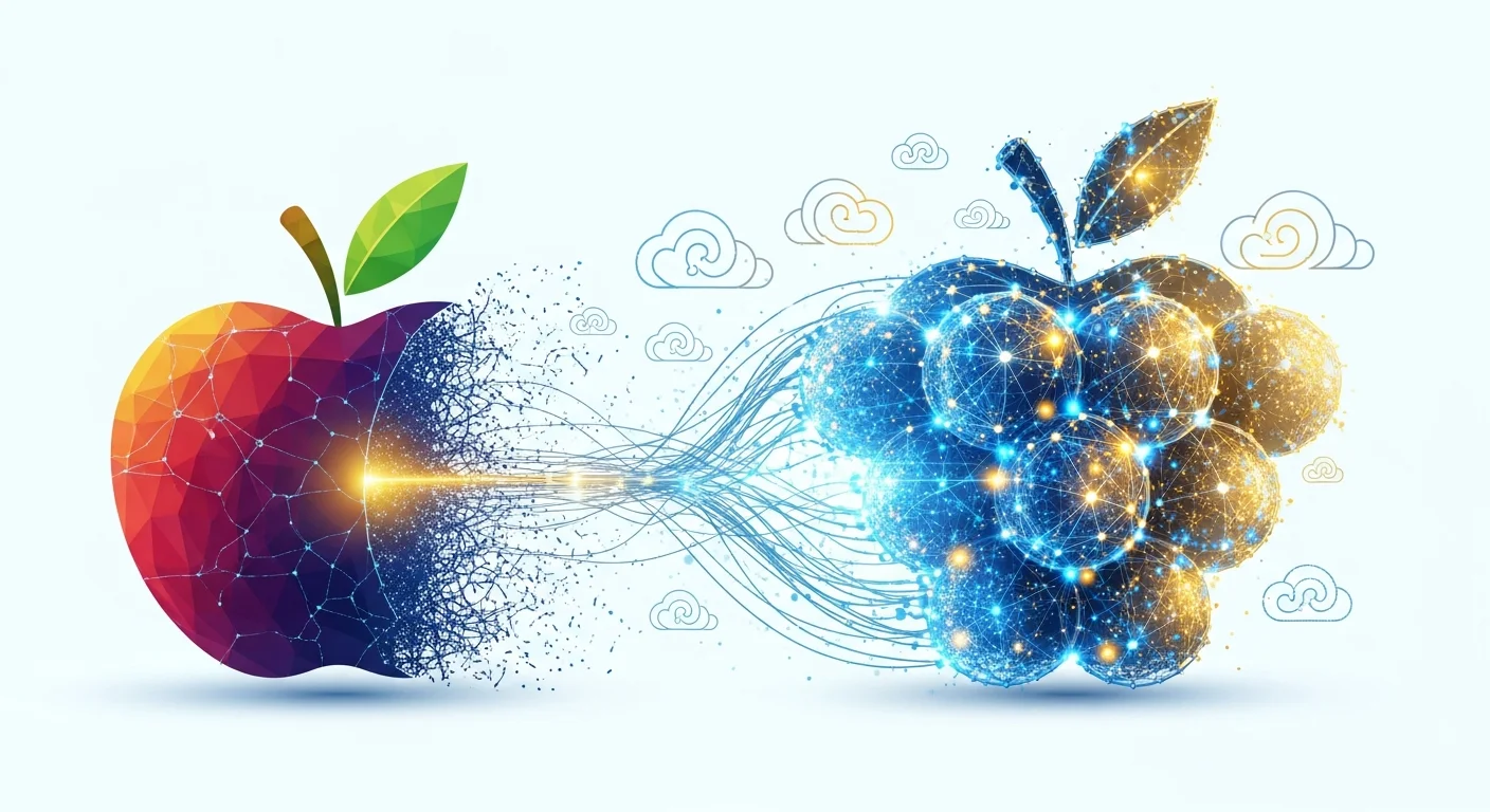 Representação visual da transformação estratégica da Apple em IA através de parcerias, mostrando conexões digitais entre diferentes tecnologias e empresas parceiras