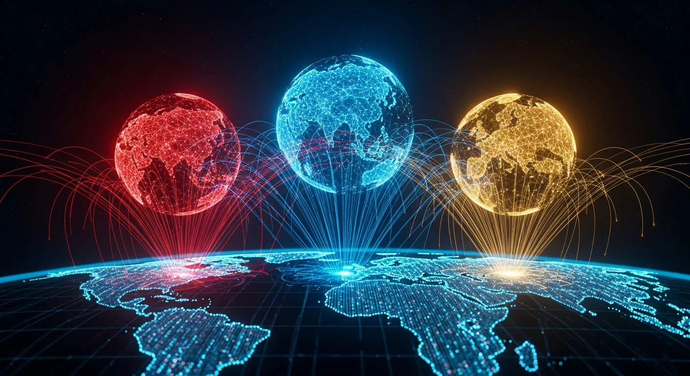 Três esferas digitais representando China, EUA e Europa flutuando sobre mapa mundial, simbolizando diferentes abordagens regulatórias de IA com documentos e circuitos digitais conectando-as