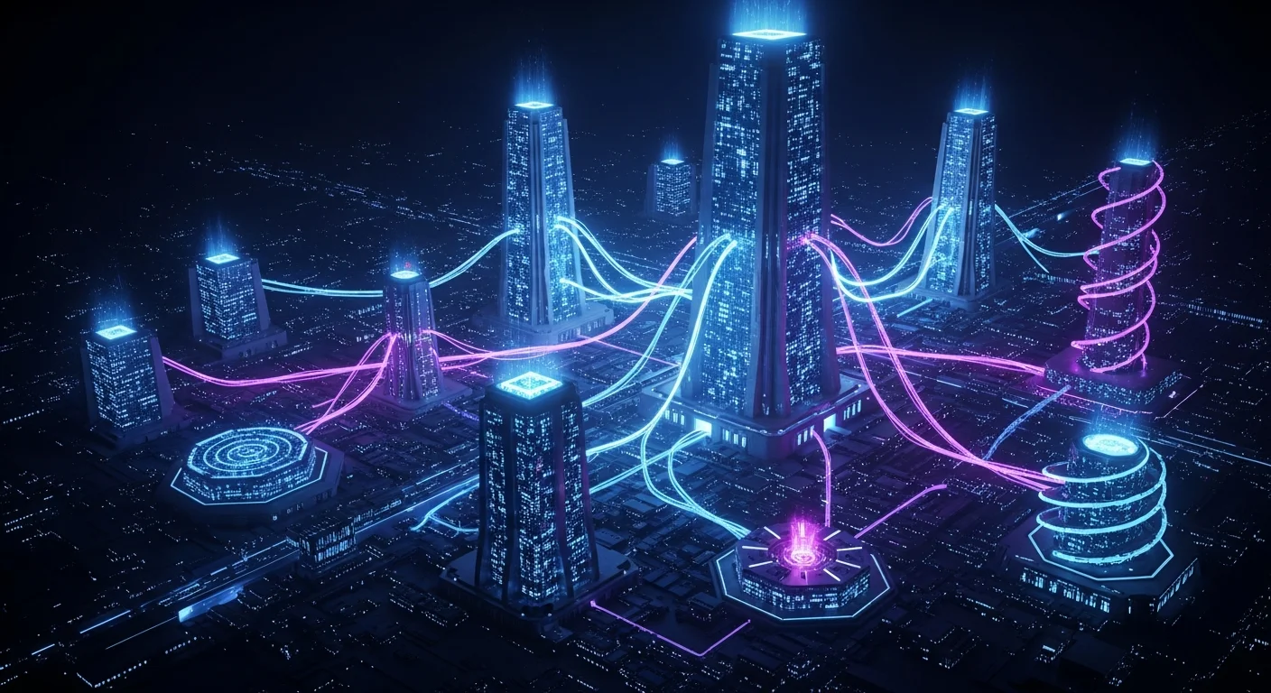 Complexo futurista de data center com torres de servidores iluminadas e fluxos de energia, representando a expansão de infraestrutura da xAI