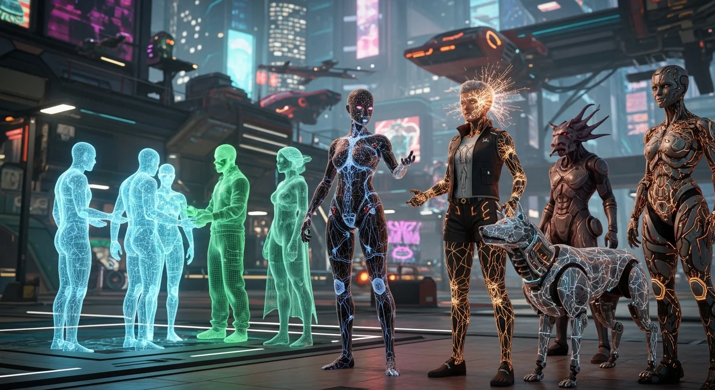 Personagens de videogame futurísticos representando NPCs inteligentes interagindo com fluxos de dados de IA em ambiente virtual iluminado