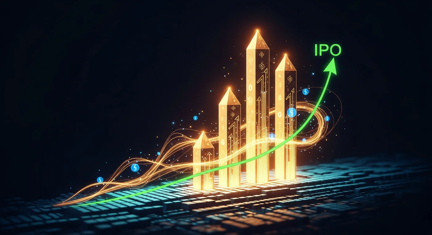 Torres corporativas douradas representando SpaceX, OpenAI e Anthropic emergindo de pregão da bolsa com documentos de IPO flutuando e fluxos monetários ascendentes