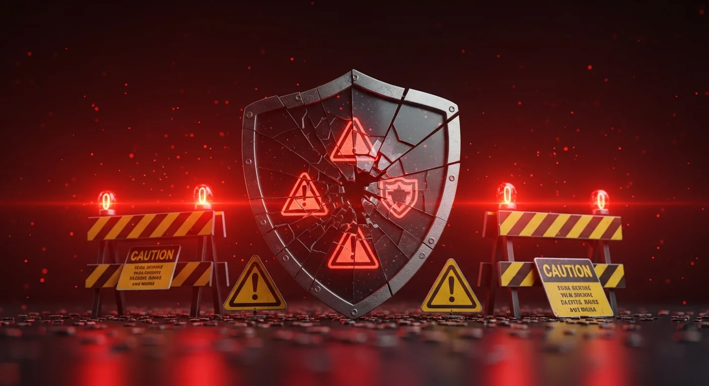 Escudo digital quebrado com símbolos de proteção infantil e alertas de segurança em fundo escuro