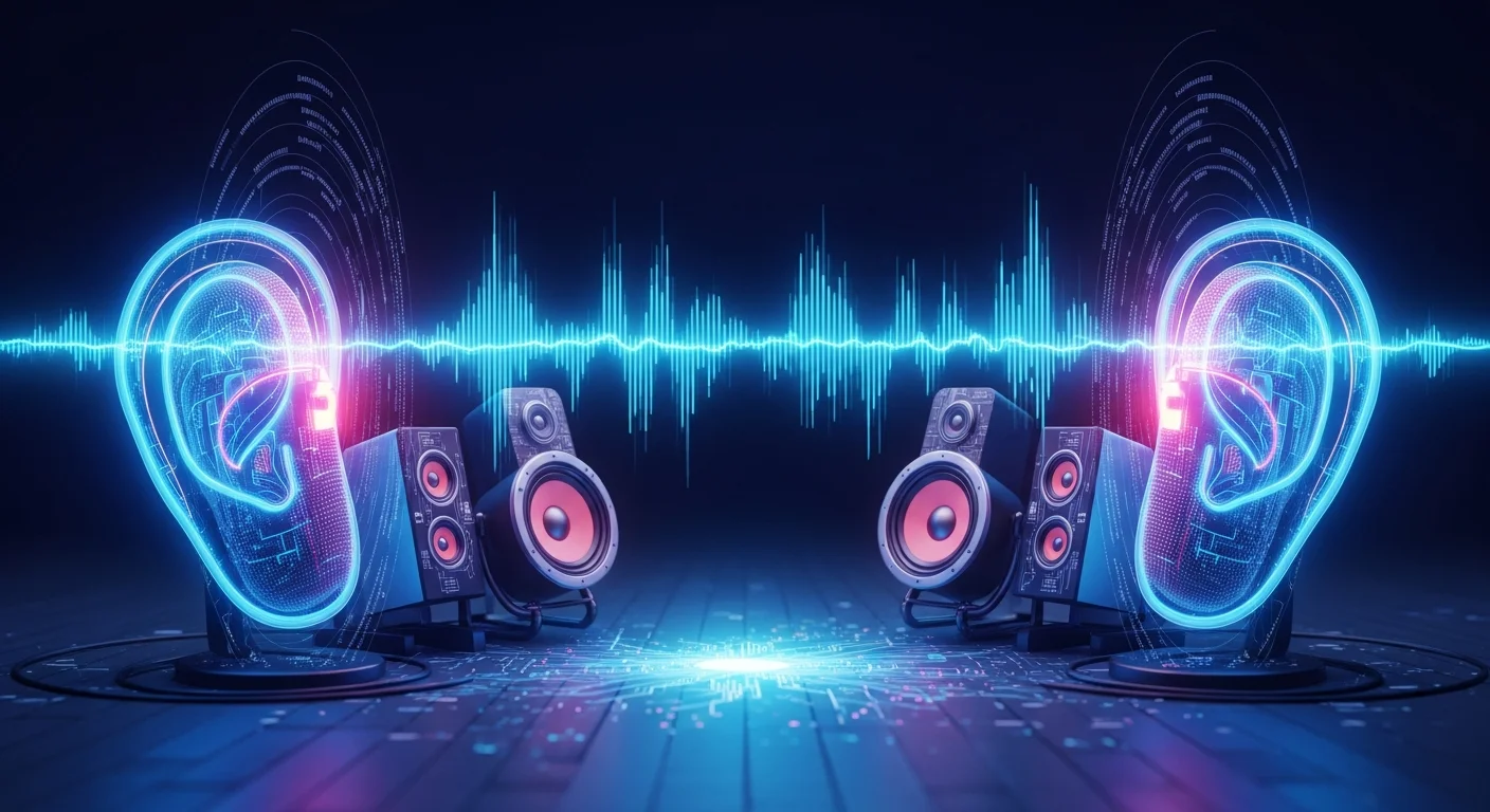Visualização futurística de ondas sonoras e componentes de áudio representando a estratégia de hardware baseado em voz da OpenAI