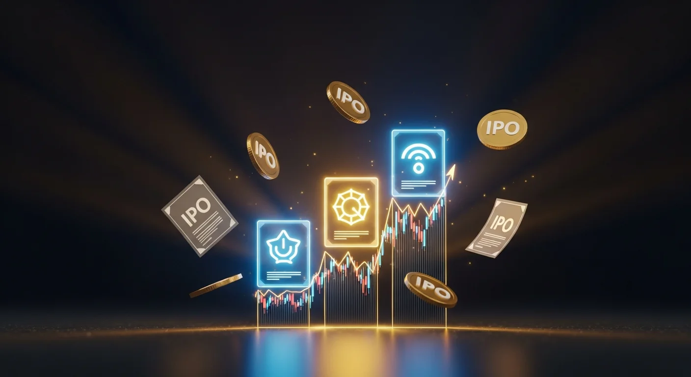 Representação visual de mega-IPOs com moedas douradas, certificações de ofertas públicas e símbolos de empresas tecnológicas em ascensão