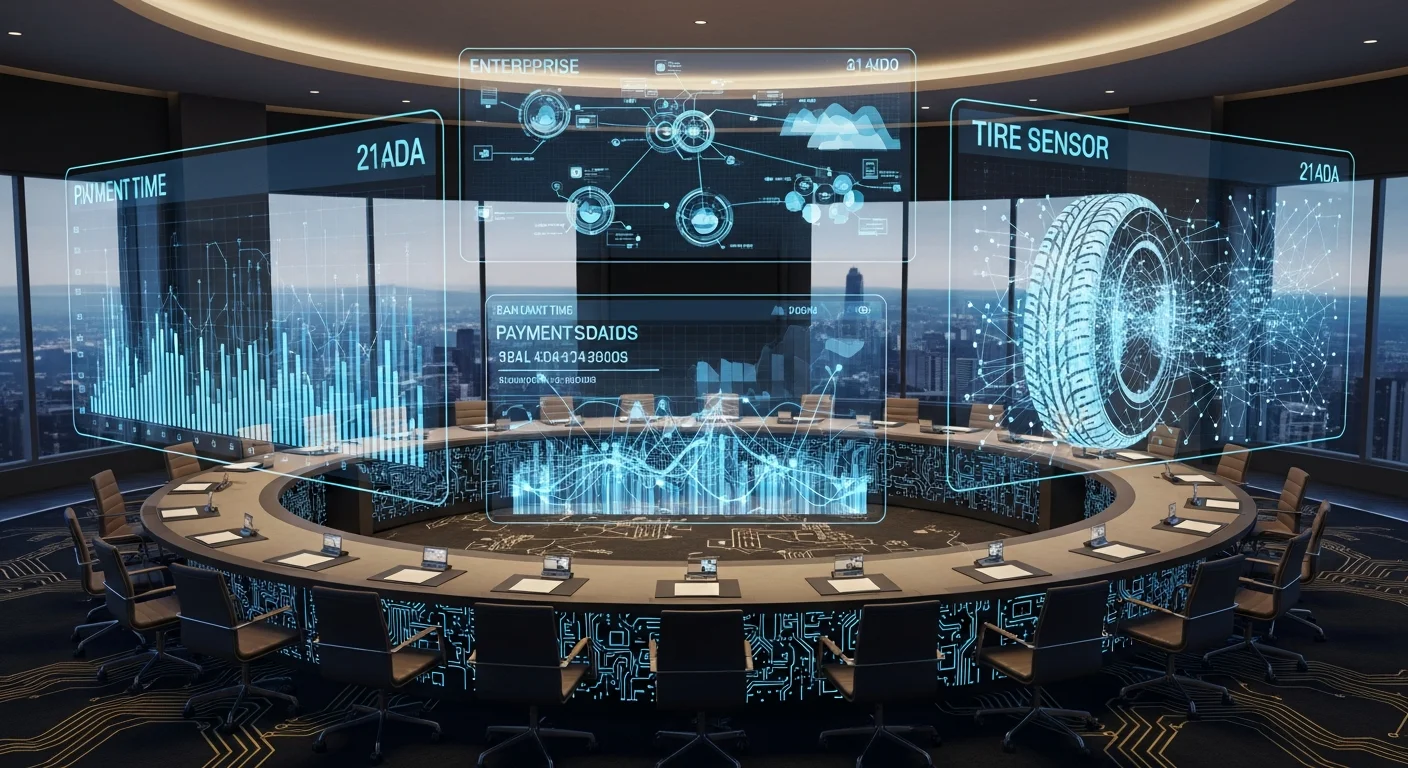 Sala corporativa futurística com interfaces holográficas de IA mostrando fluxos de dados da Visa, sensores de pneus Michelin e sistemas SAP convergindo em ambiente de alta tecnologia