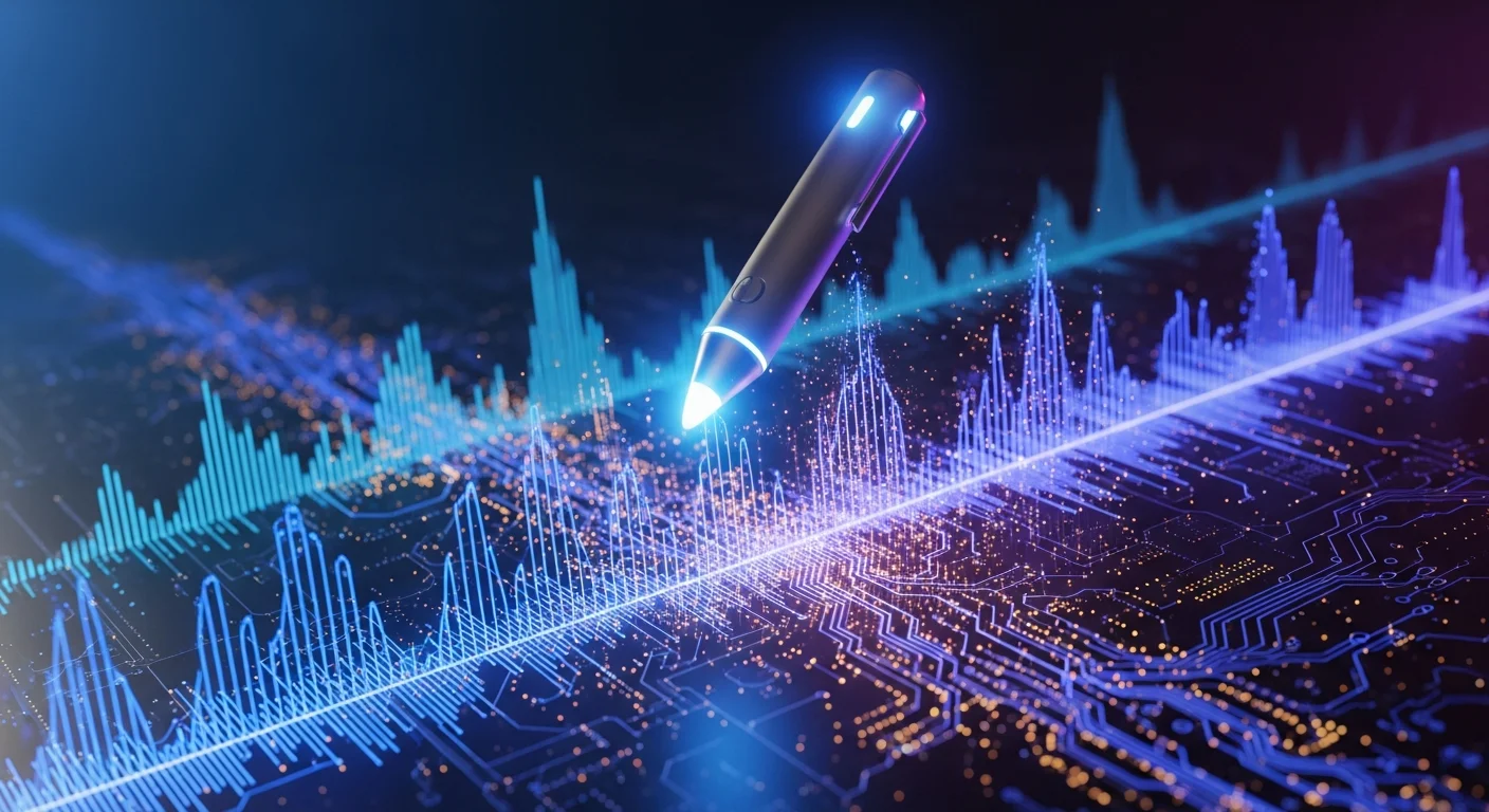 Dispositivo de IA baseado em voz com ondas sonoras e circuitos digitais em fundo escuro com iluminação azul e roxa