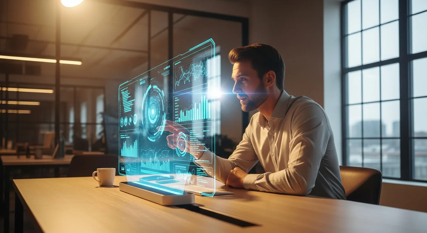 Mãos humanas e robóticas alcançando ferramentas criativas em workspace dividido entre tradicional e digital, simbolizando tensão entre trabalho humano e automação por IA