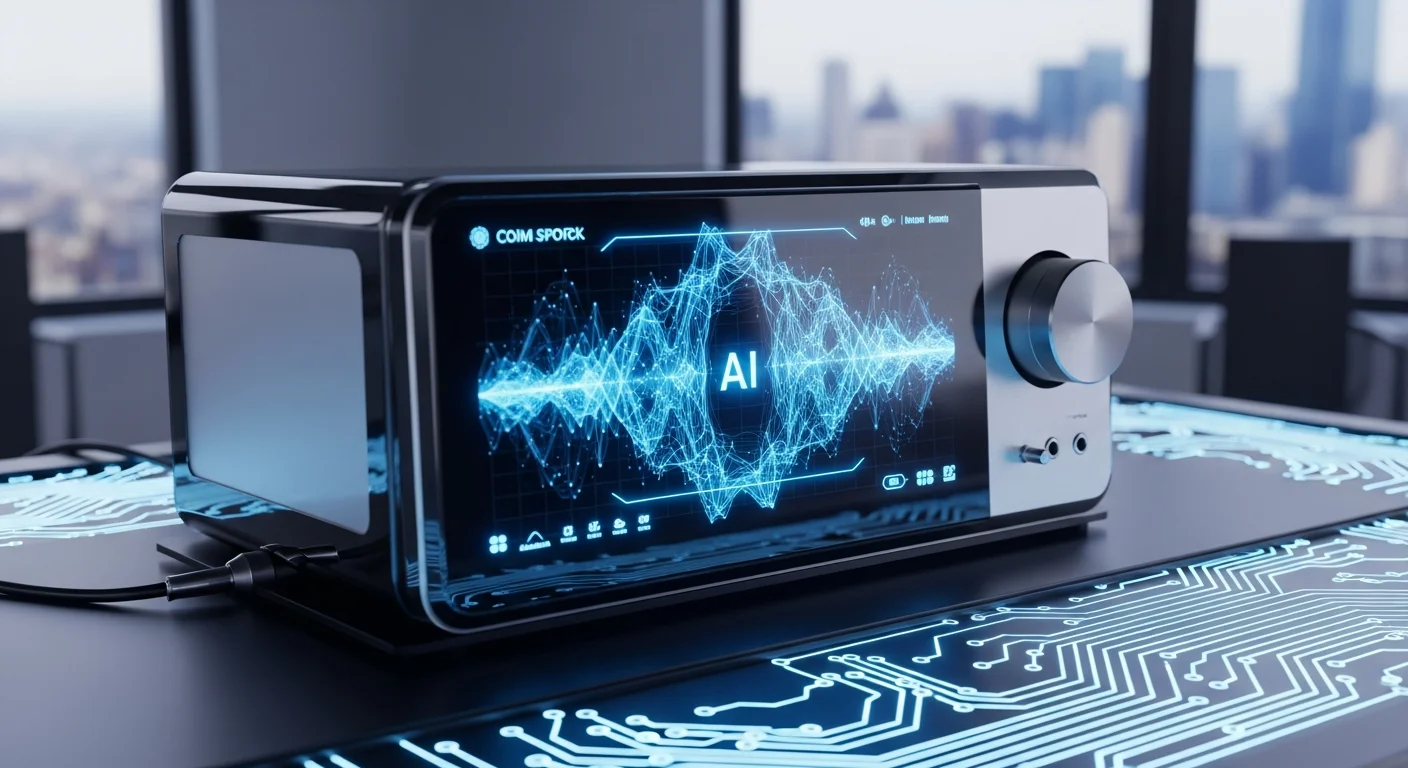 Dispositivo inteligente de voz flutuando sobre fluxos de dados dourados, representando a expansão da OpenAI para hardware e parcerias estratégicas