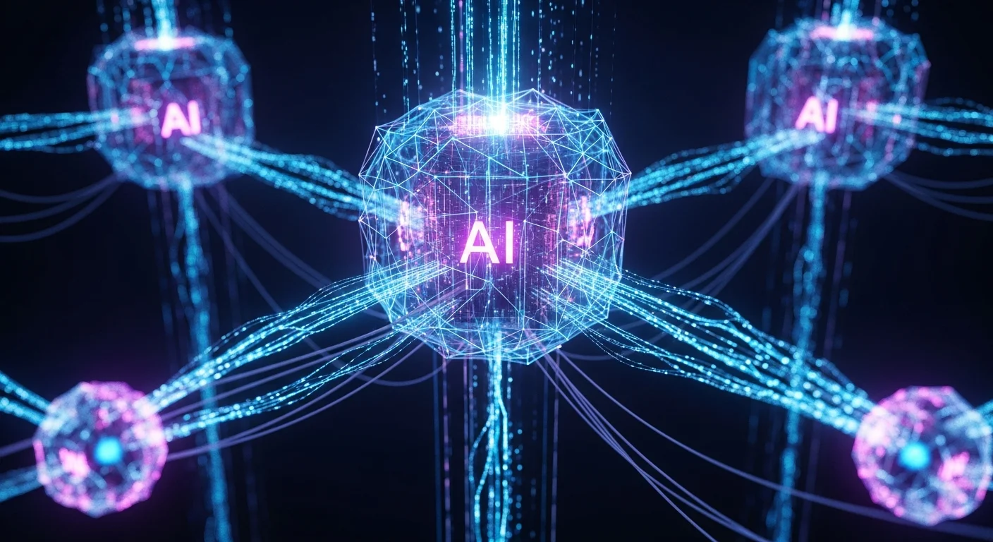 Rede de agentes IA interconectados em arquitetura mesh descentralizada com fluxos de dados luminosos