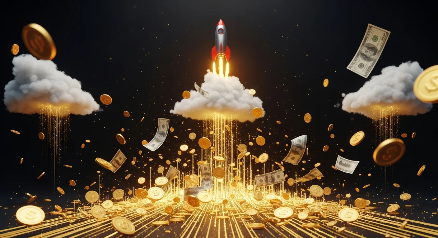 Representação visual de investimento massivo em startup com moedas douradas, gráficos ascendentes e símbolos de capital de risco em fundo escuro