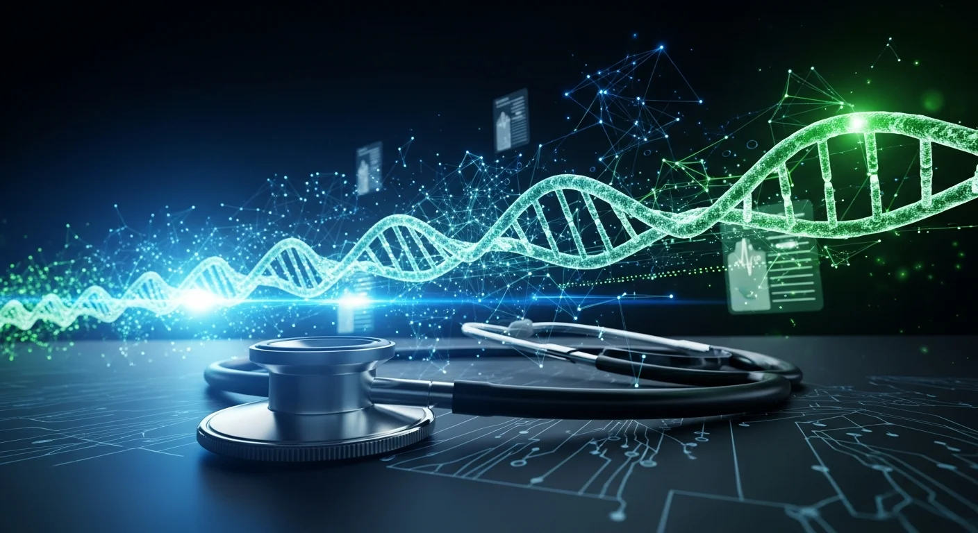 Estetoscópio médico conectado a redes neurais digitais brilhantes com fluxos de dados de saúde