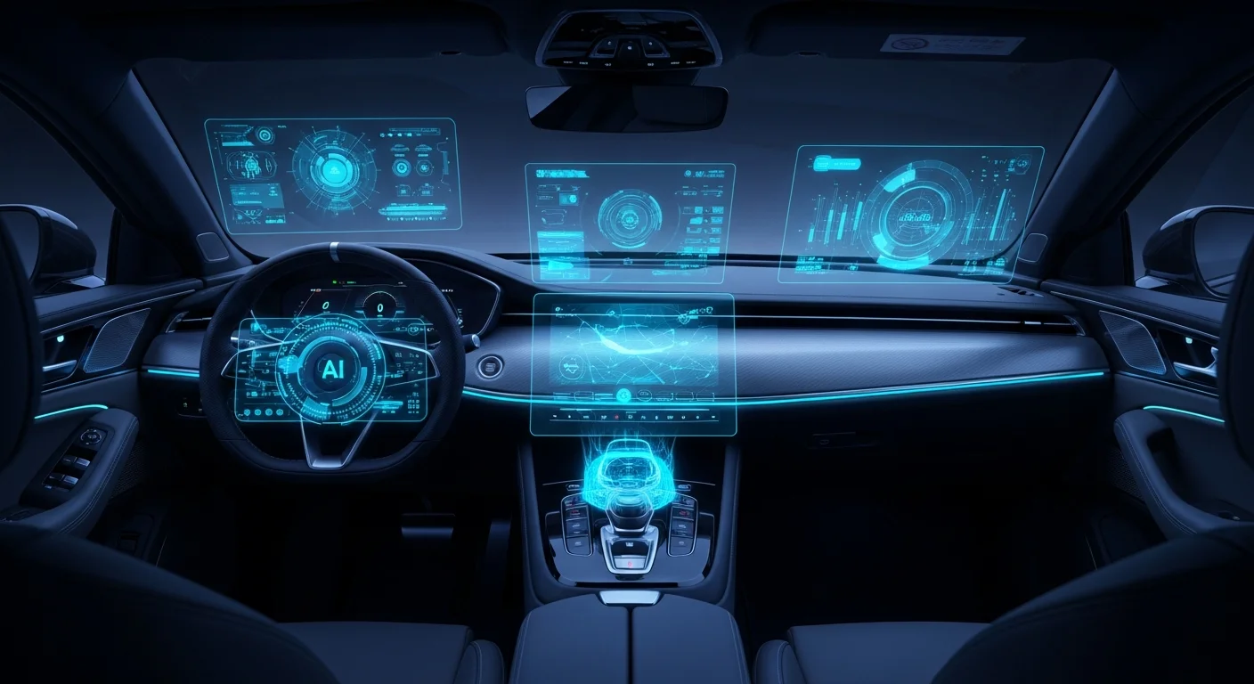 Interior futurista de veículo com painel digital brilhante mostrando interface de IA automotiva e volante autônomo