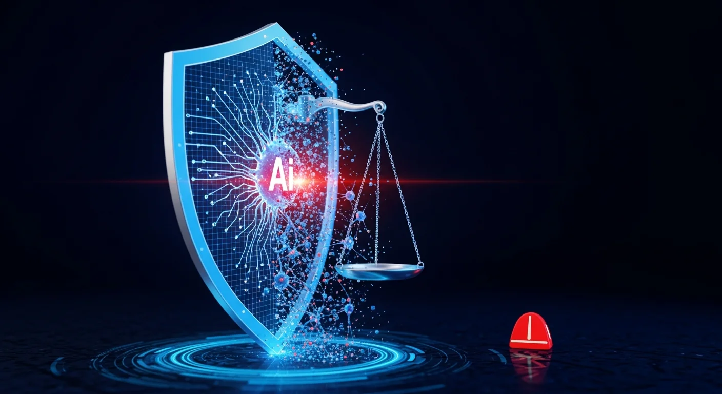 Escudo digital quebrado com redes neurais de IA vazando conteúdo prejudicial, representando falhas na moderação e resposta regulatória