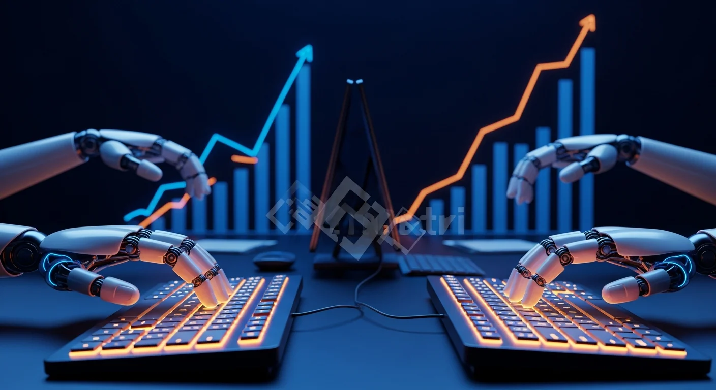 Representação visual do dilema entre automação produtiva e impacto no emprego humano, com elementos robóticos e gráficos econômicos contrastantes