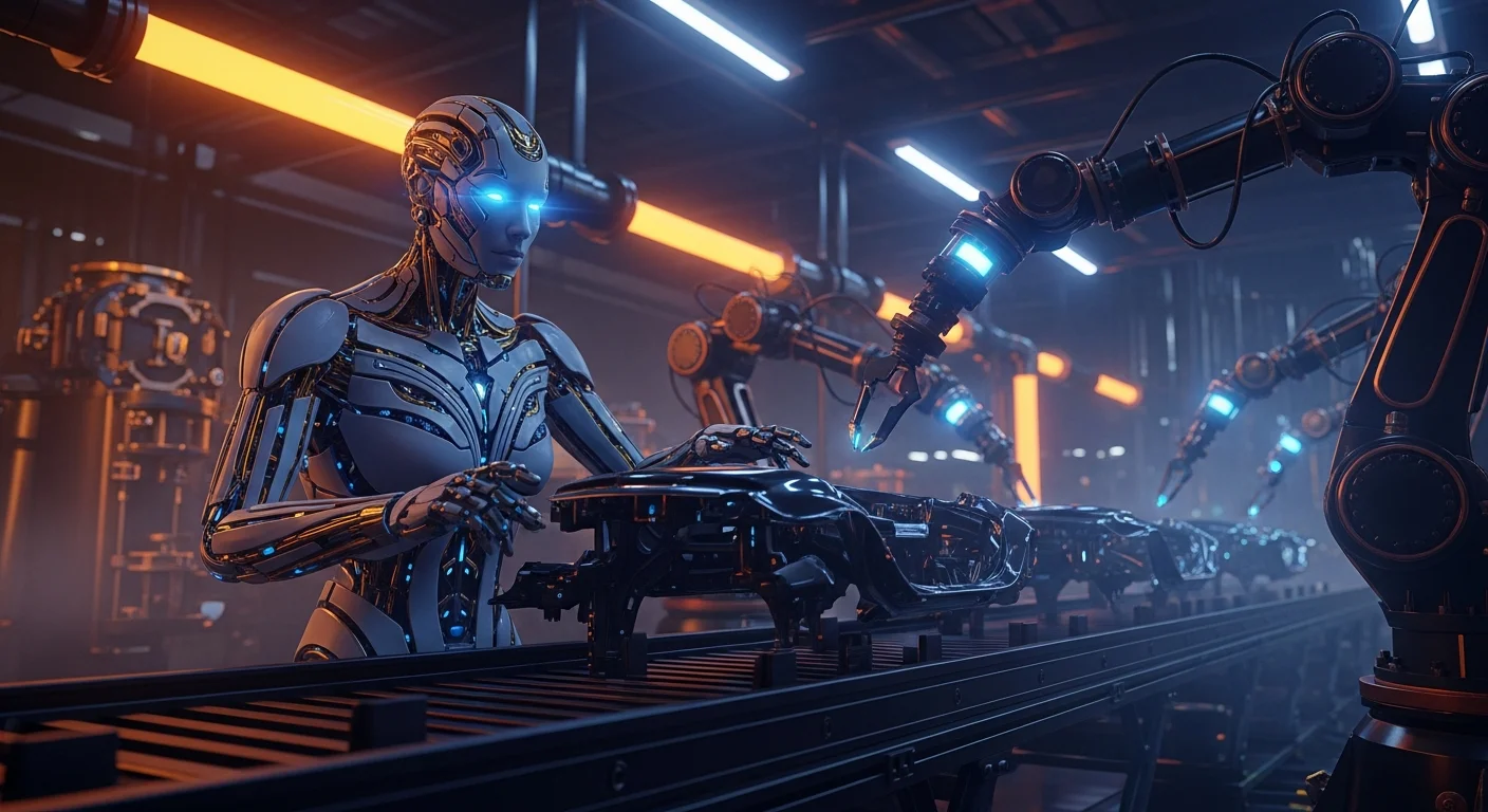 Robô humanoide Atlas trabalhando em fábrica automotiva moderna com interface de IA brilhante e maquinário industrial