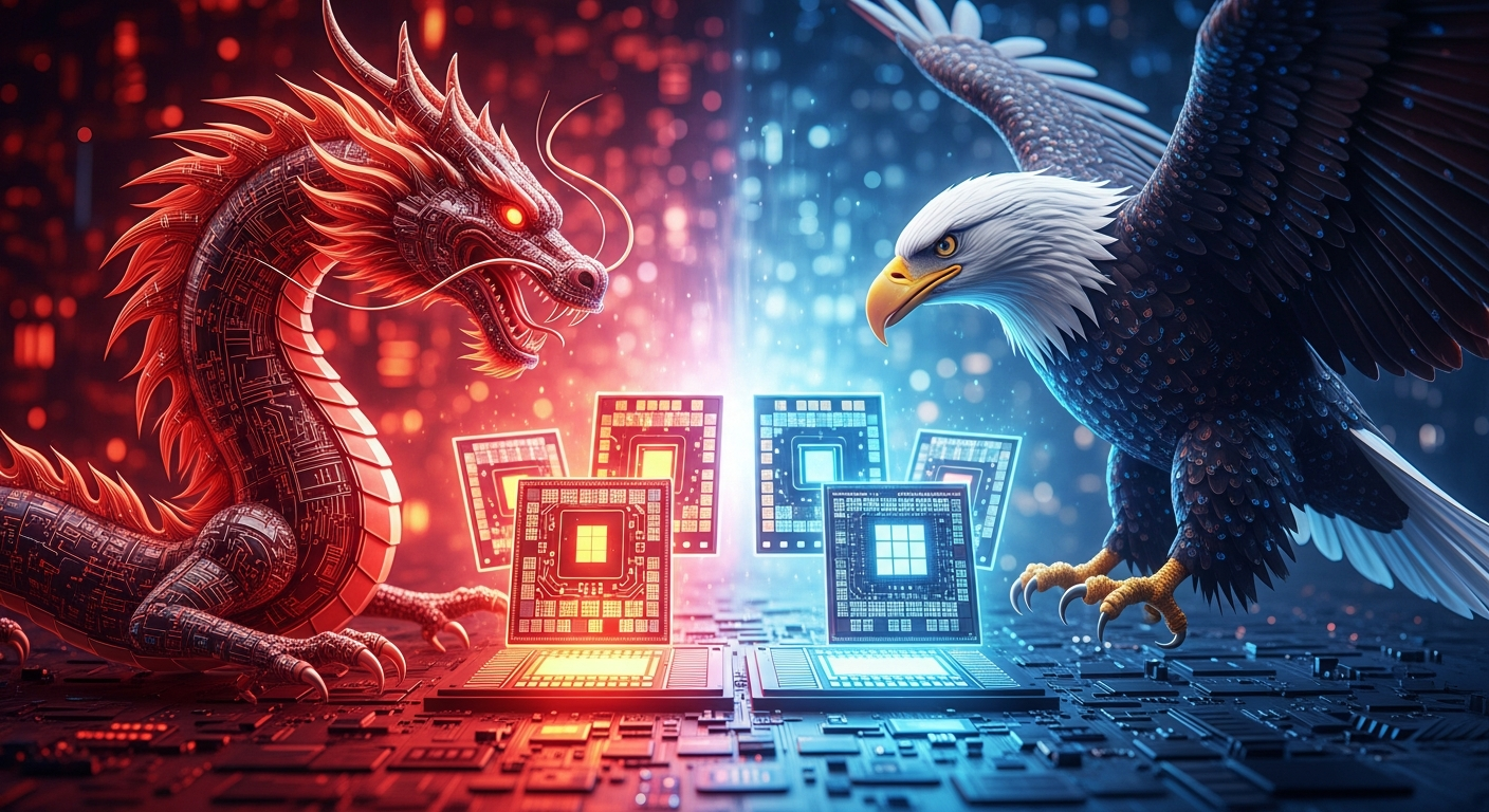 Representação simbólica da tensão tecnológica entre EUA e China no mercado de chips de IA