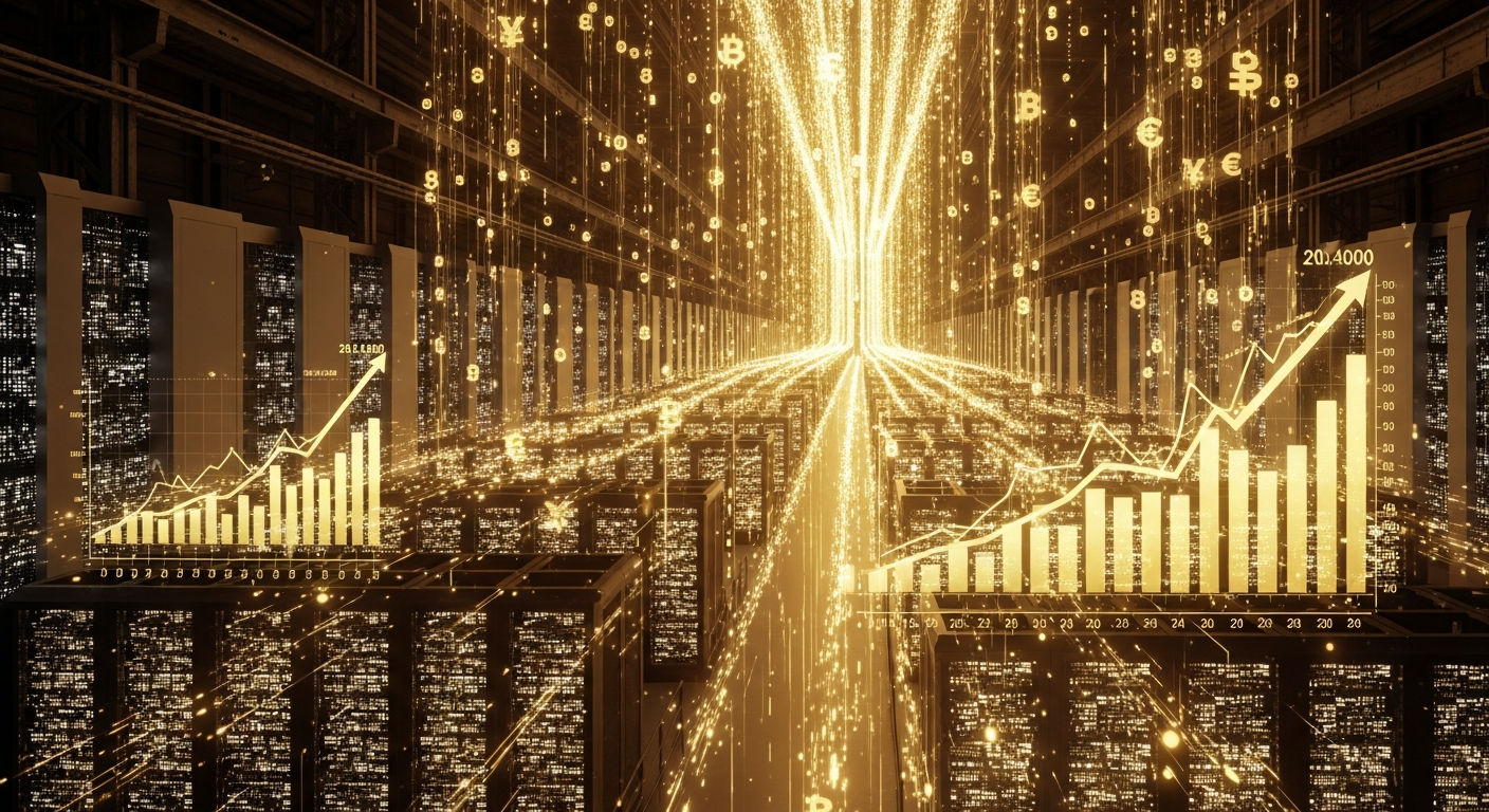 Instalação futurista de supercomputador com fluxos de dados dourados e símbolos de investimento, representando o maior investimento em infraestrutura de IA da história