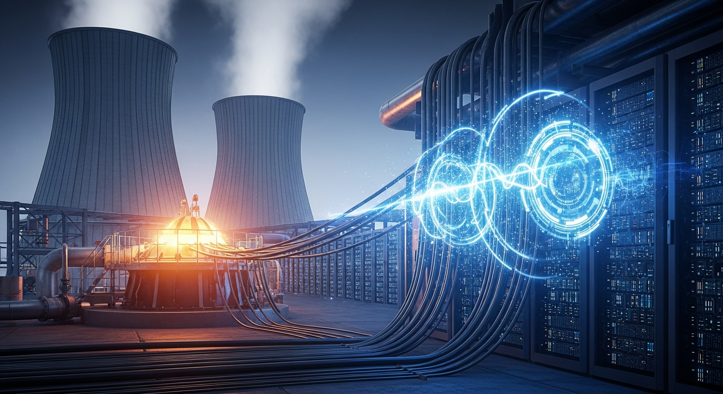 Reator nuclear futurista com átomo brilhante cercado por fluxos de dados digitais, representando a união entre energia nuclear e infraestrutura de IA