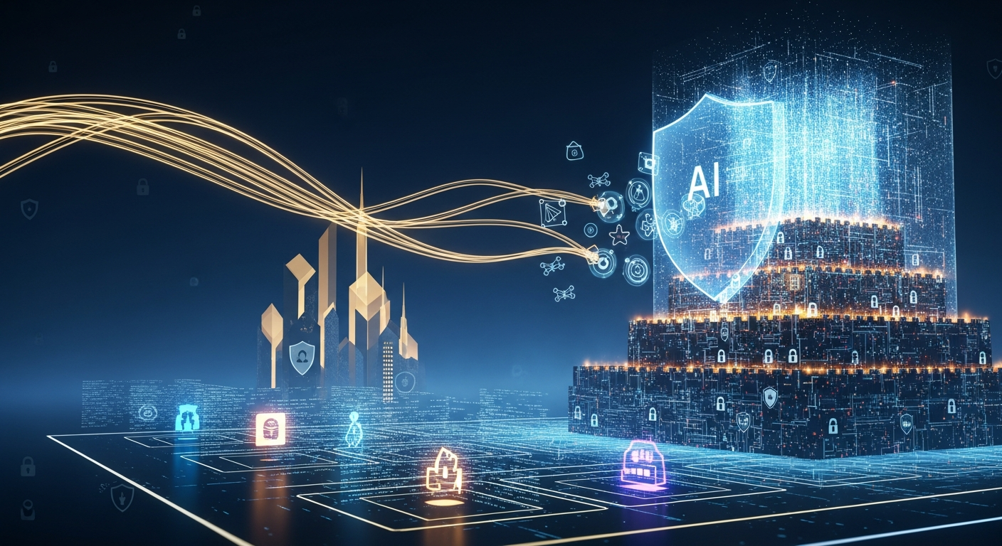 Fortaleza digital representando a proteção do Claude contra acessos não autorizados, com elementos de investimento e competição em IA