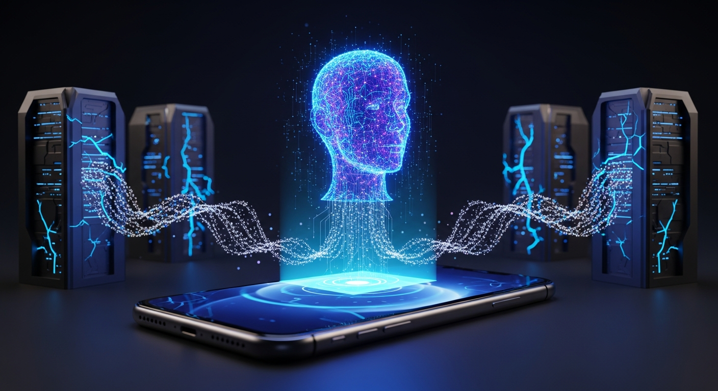 Visualização da arquitetura híbrida da Apple Intelligence mostrando fluxo de dados entre dispositivo local e nuvem privada