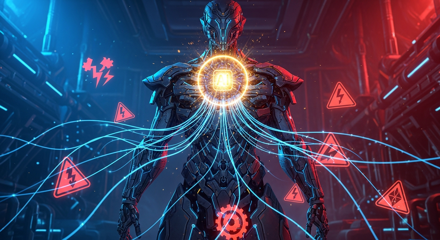 Robô humanoide com cérebro de IA iluminado conectado a fluxos de dados, contrastando com símbolos de regulamentação em ambiente tecnológico escuro