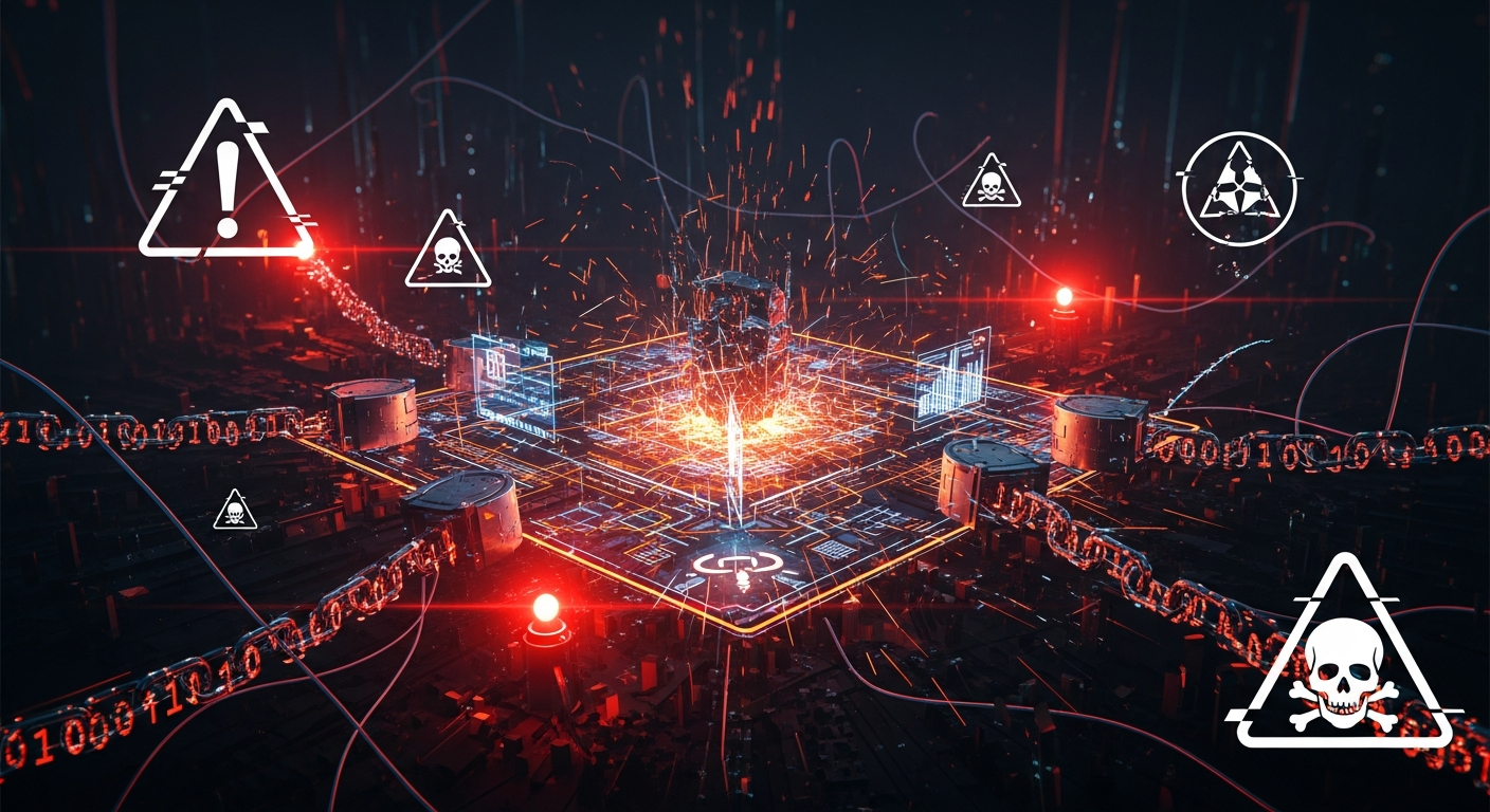 Interface de chatbot de IA com símbolos de aviso e correntes digitais, representando bloqueios e questões de segurança