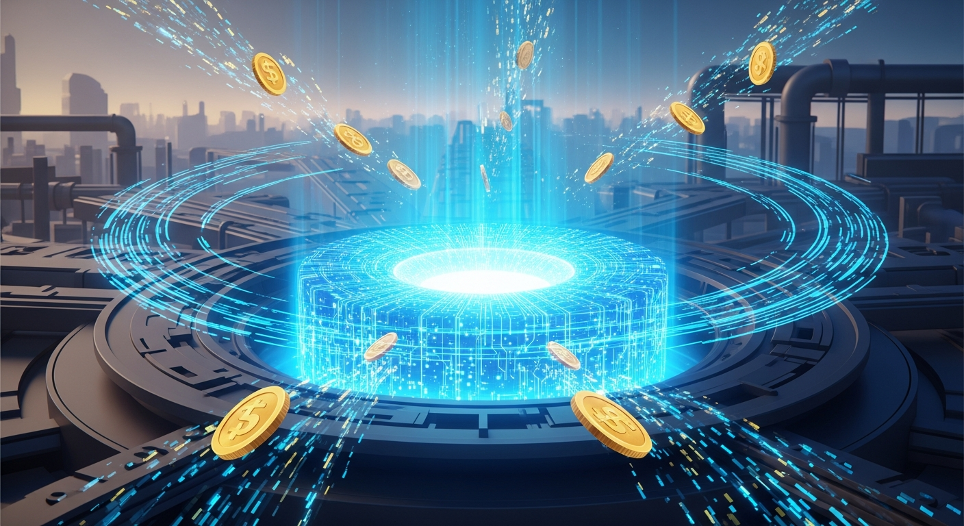 Reator nuclear brilhando em azul com padrões de circuitos de IA e símbolos de dinheiro fluindo através de correntes de dados