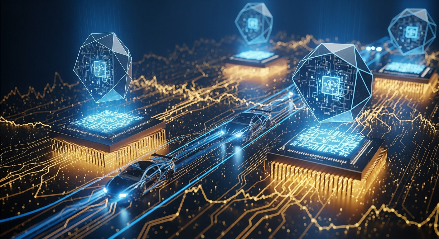 Chips de GPU avançados flutuando sobre gráficos de investimento dourados com silhuetas automotivas integradas a padrões de circuitos
