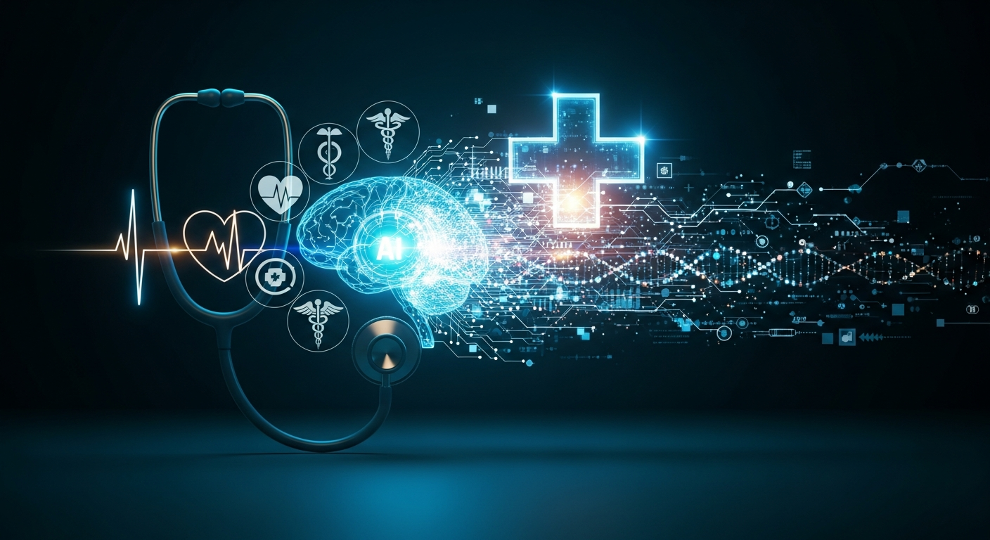 Representação visual da fusão entre inteligência artificial e medicina, com símbolos médicos conectados a circuitos digitais em fundo escuro com iluminação azul