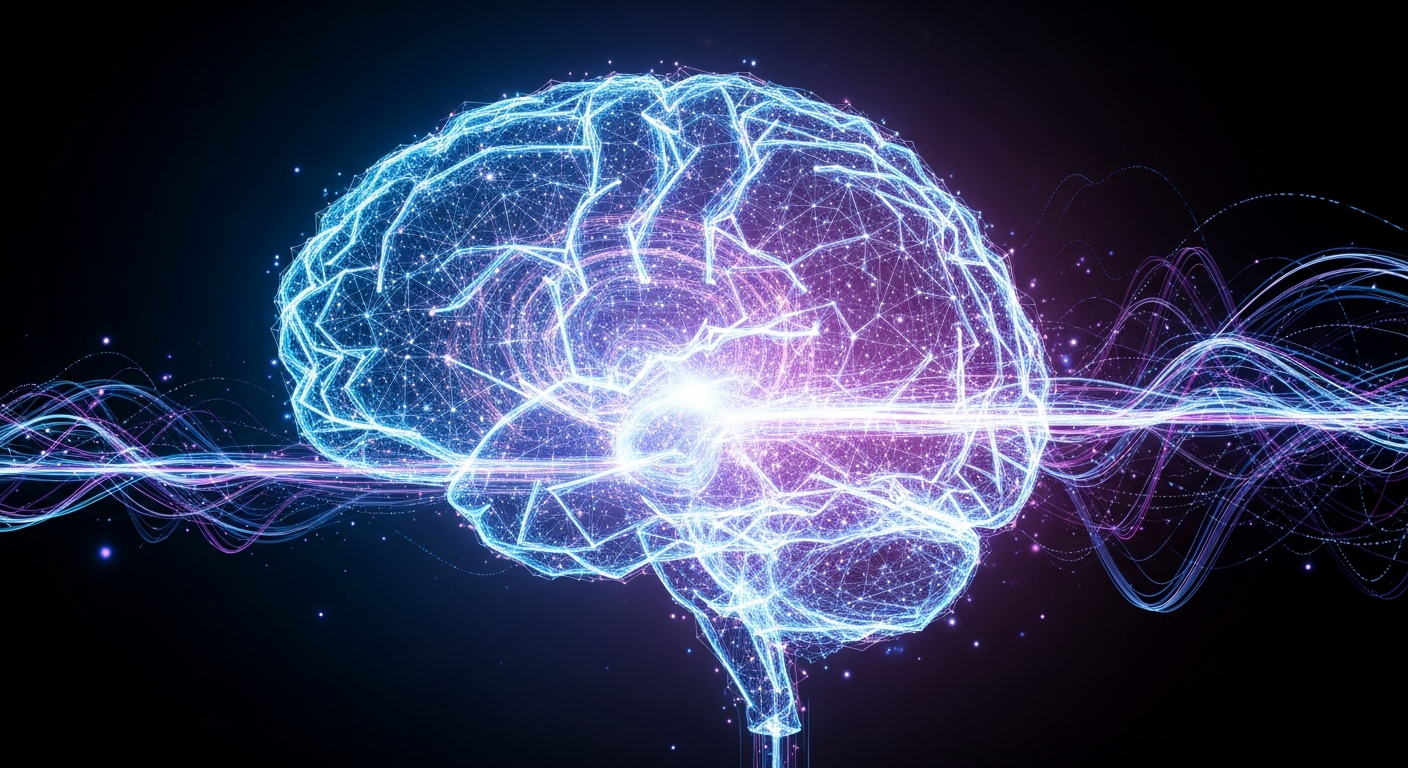 Robôs avançados e dispositivos com IA em exposição futurística com iluminação azul e roxa