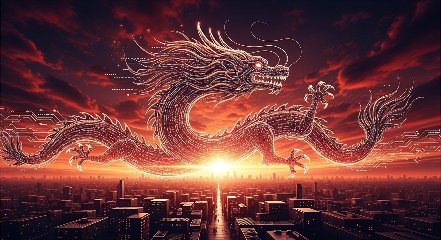 Representação visual de um dragão digital formado por código e circuitos, simbolizando o avanço tecnológico chinês na área de programação com IA